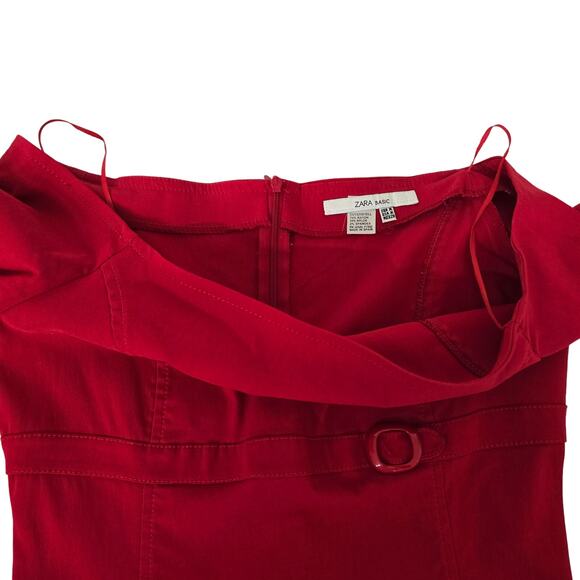 ZARA Red Dress Women M Empire Waist w Belt Buckle On Off Shoulder 3/4 Sleeve - Picture 12 of 13